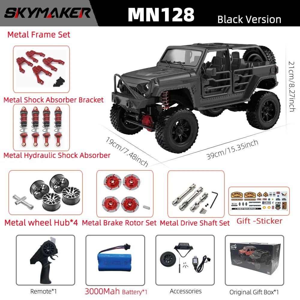 EZ MN128 1/12 RC Car 4WD Jeep Model 2.4G Remote Control LED Light 4X4 Off Road 4WD Climbing RC Truck Electric Toy Car Gift for Boy