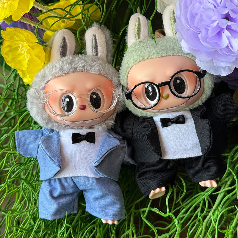 EZ 17cm Mini Plush Doll's Clothes Outfit Accessories For Labubu Idol Doll Bow Tie Men's Suit With Glasses Clothing Birthday Gift