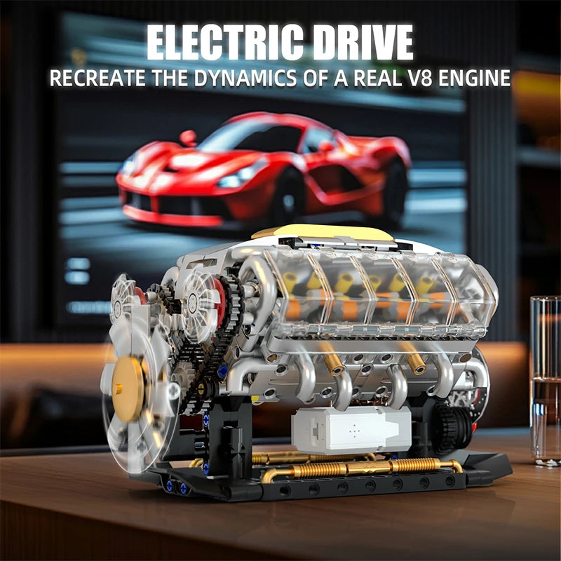 EZ MOC Technik Electrically Driven V8 Engine Model Car Building Blocks Set Creative Educational Toys Christmas Gifts For Boys Kids
