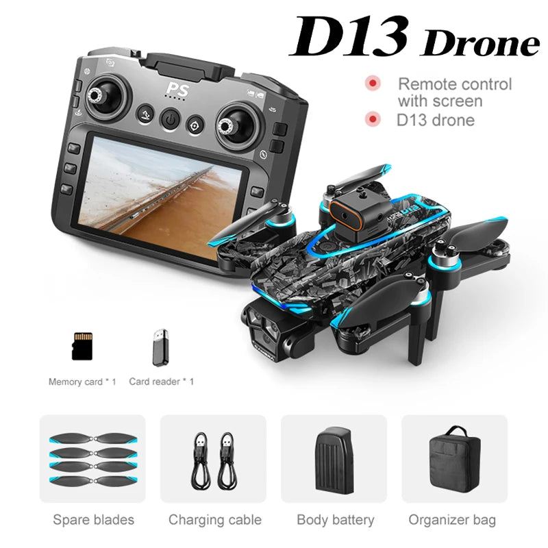 EZ New D13 Drone 4K Professional Three HD Camera with Large Screen 5G WIFI FPV Dron Brushless Optical Flow Hover Folding Quadcopter
