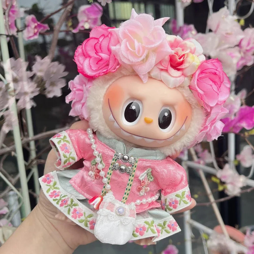 EZ Chinese Qipao Hairpin Flower Dress for Labubu 3.0 Outfit Summer Countryside Princess Doll Clothes for V1/V2/V3 Labubu