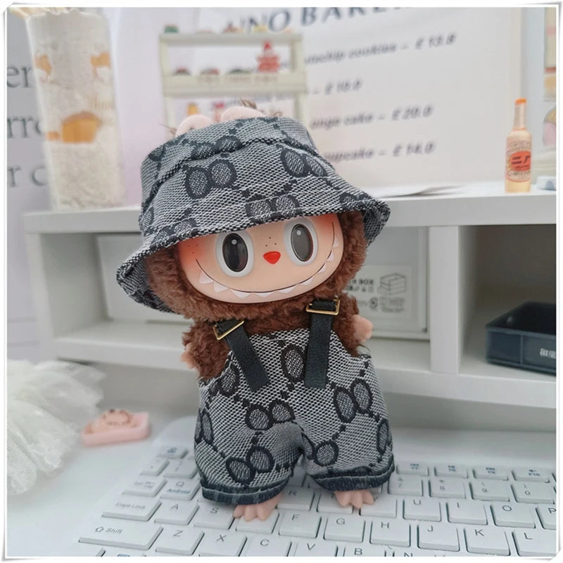 EZ For 17cm Labubu Mini Doll Clothes Outfit Four-leaf Flowers Hat Overalls Clothes Loafer Shoes Doll Accessories Sitting Party