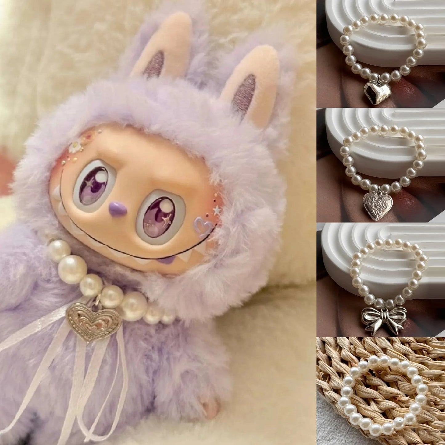 EZ 17cm Labubu Macaron Sitting Party  Ornament DIY Cute Cartoon Plush Pendant Pearl Necklace Chain Alloy Accessory  Labubu Outfit