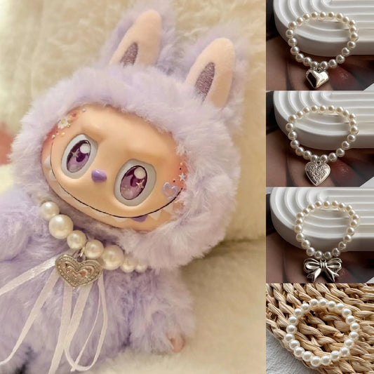 EZ 17cm Labubu Macaron Sitting Party  Ornament DIY Cute Cartoon Plush Pendant Pearl Necklace Chain Alloy Accessory  Labubu Outfit