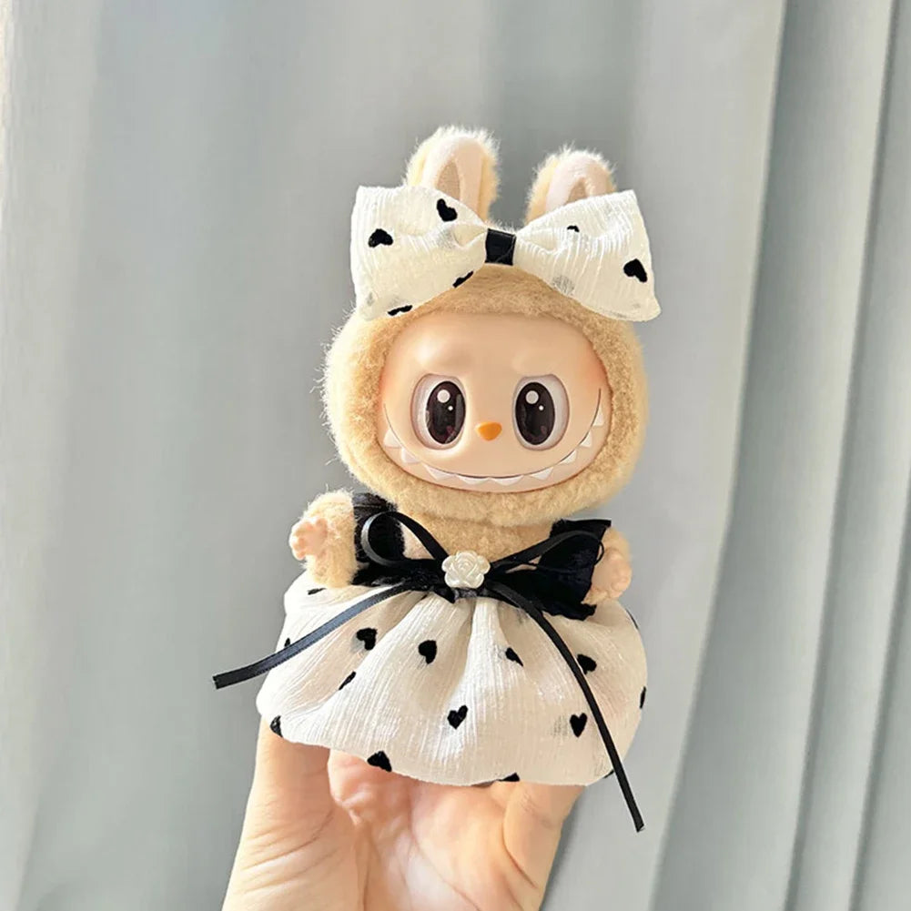 EZ 17cm Mini Plush Doll'S Clothes Outfit Accessories For Korea Kpop Labubu Idol Pink bright silk bow princess gauze skirt Clothing