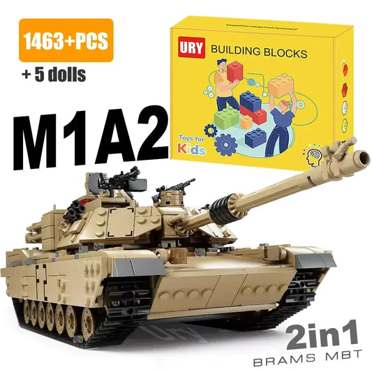 EZ 2in1 WW2 Military M1A2 Abrams MBT Tank Model Army Cannon Chariot Set Soldier Figures DIY Building Blocks Toys for Boys Kids Gift