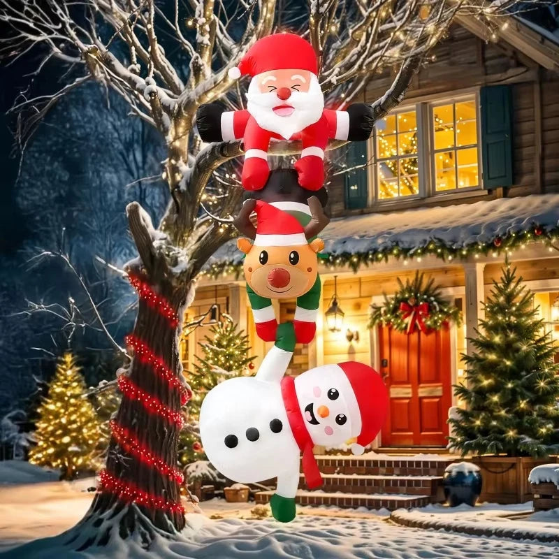 EZ 8FT Inflatable Christmas Climbing Santa Claus with Reindeer & Snowman, Built-in LED for Outdoor Beam Roof Tree Party Yard Decor