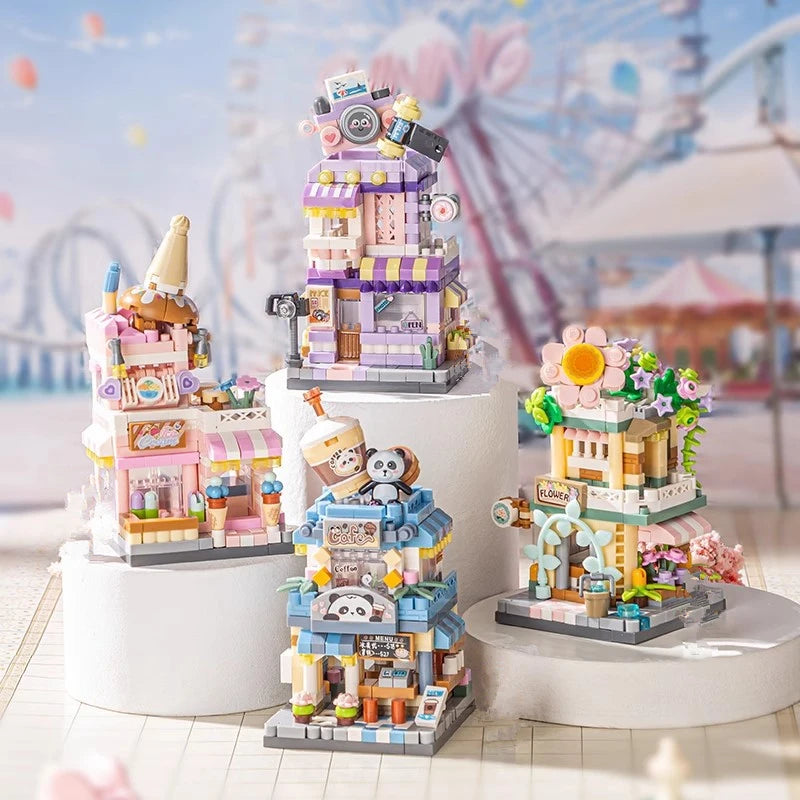 EZ NEW Panda Pet Coffee Ice Cream Flower Shop Store Street View Food House Building Blocks Kit Girls Bricks Model Kids Toy Children