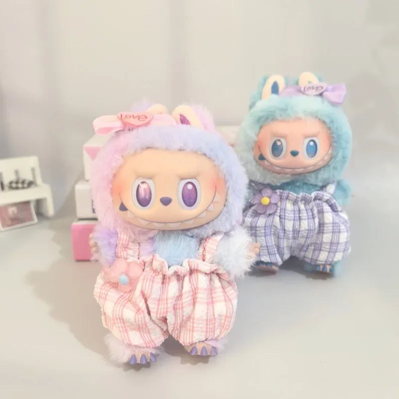 EZ Checkered Cherry Suit For 17cm Labubu 3.0 Big Into Energy Series Clothes Checked Jumpsuit Bow Tie Set Labubu Sweet Outfit