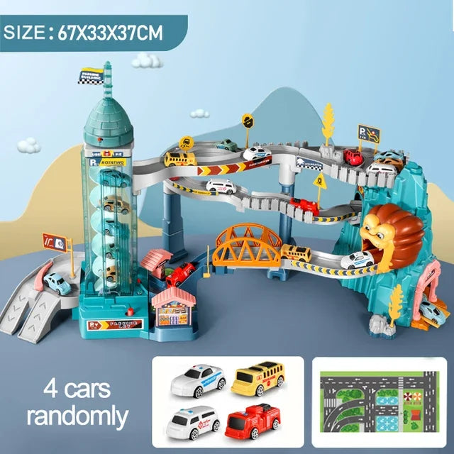 EZ Electric Rail Car Dinosaur Building Parking Lot Adventure Racing Rail Car Toys Children Brain Mechanical Interactive Rail Cars