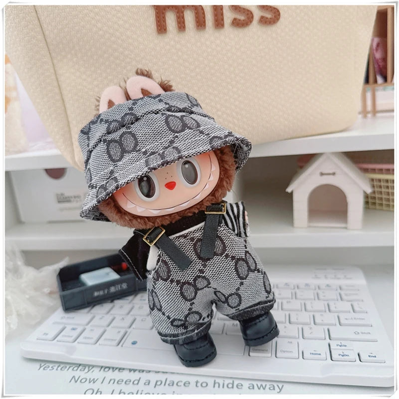 EZ For 17cm Labubu Mini Doll Clothes Outfit Four-leaf Flowers Hat Overalls Clothes Loafer Shoes Doll Accessories Sitting Party