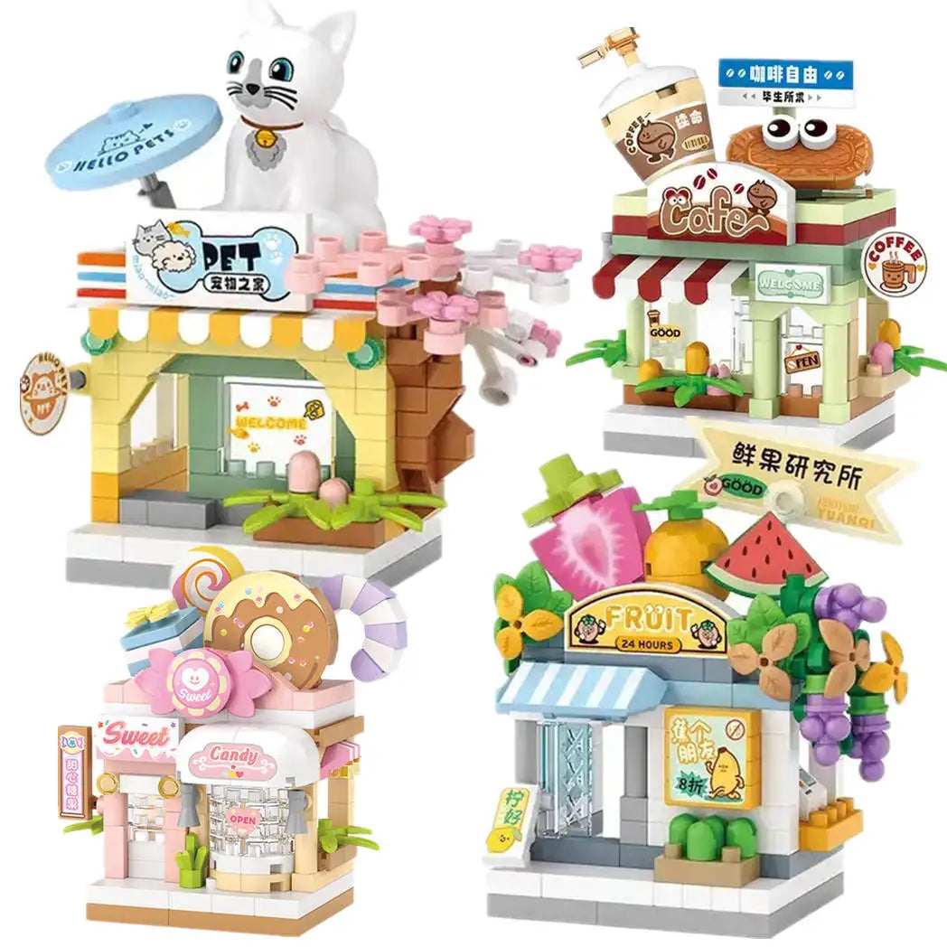 EZ Restaurant Dessert Coffee Pet Fruit Store Street View Food House Building Blocks Kit Girls Bricks Model Kids Toy Boy Child Gifts