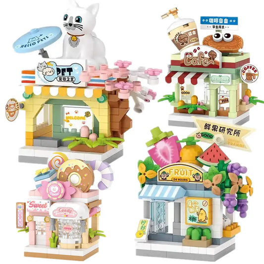 EZ Restaurant Dessert Coffee Pet Fruit Store Street View Food House Building Blocks Kit Girls Bricks Model Kids Toy Boy Child Gifts