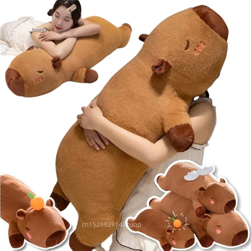 EZ 60cm-100cm Kawaii Cartoon Giant Strip Capybara Plush Doll Pillow Lying Brown Orange Wings Creative Capybara Plush Toy Home Decor