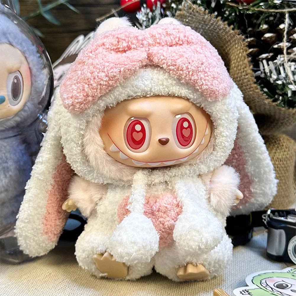 EZ For 17cm/10.5cm Labubu 4.0/3.0 Accessories Doll Clothes Heartbeat Long Eared Furry Rabbit Costume Cartoon Dress Up Labubu Outfit
