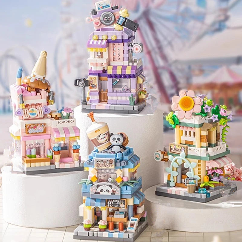 EZ NEW Panda Pet Coffee Ice Cream Flower Shop Store Street View Food House Building Blocks Kit Girls Bricks Model Kids Toy Children