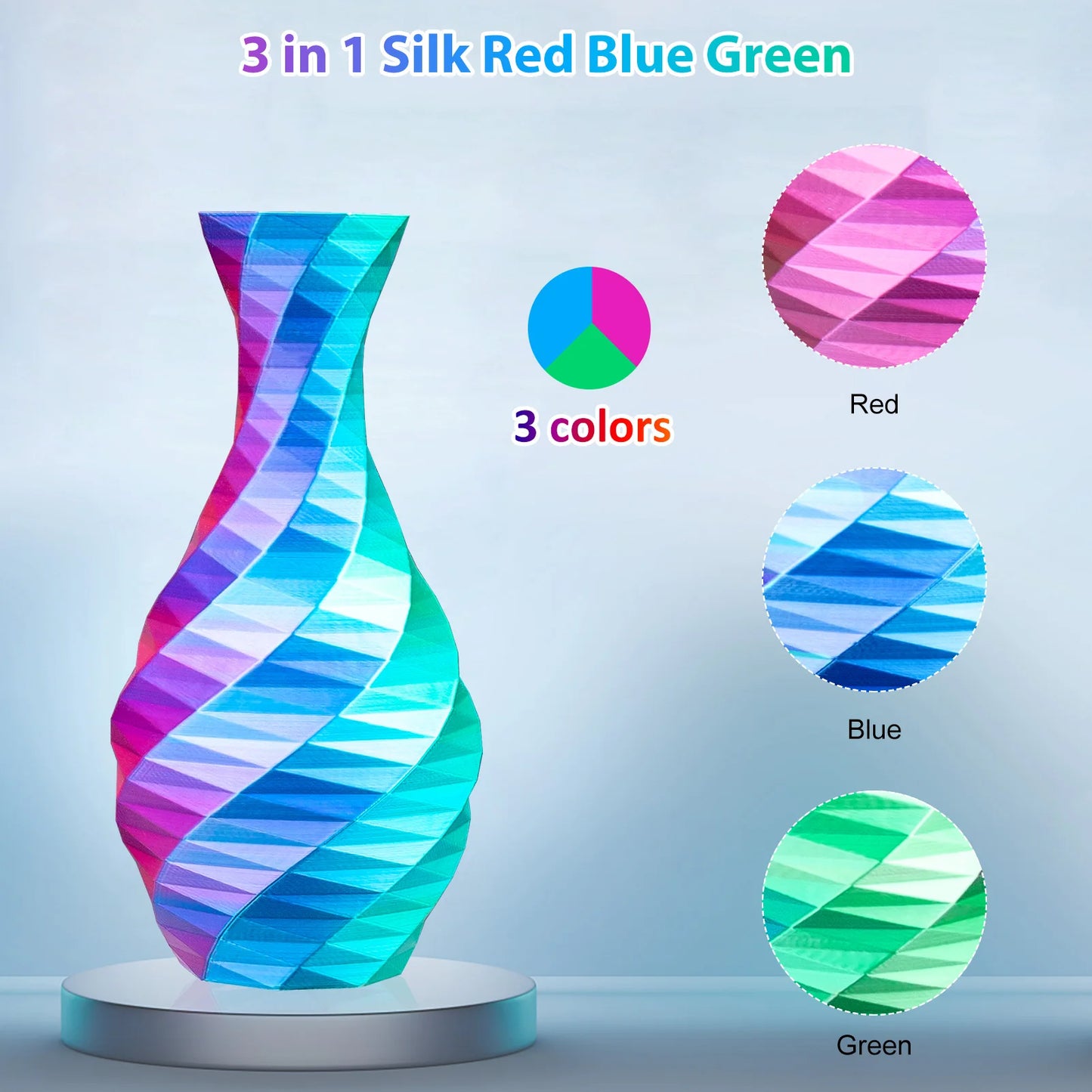 EZ Tricolor Silk PLA 3D Printer Filament, 1.75mm Multicolor 3D Printing Filament, Red&Blue&Green Filament, 250g (0.55lbs)