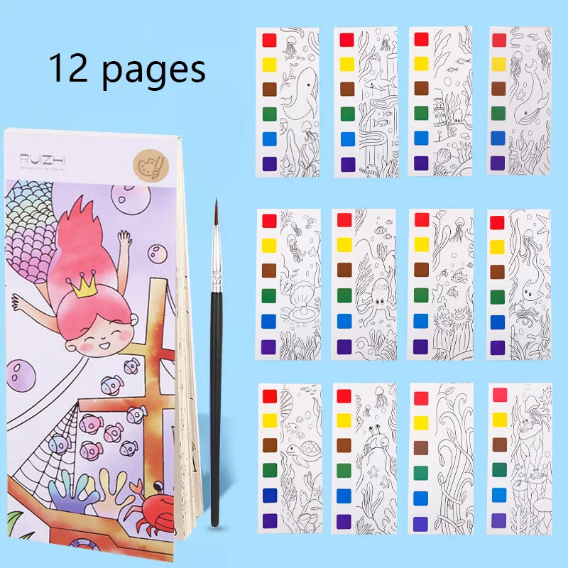 EZ 12 pages Children's Watercolor Coloring Book,Drawing Toys For Children Birthday, Thanksgiving, Halloween, Easter, Christmas gift