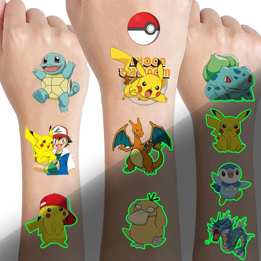 EZ Pokemon Luminous Tattoos for Kids Pikachu Styles Temporary Tattoos Stickers Boys Girls Glow Party Supplies Gifts for Children