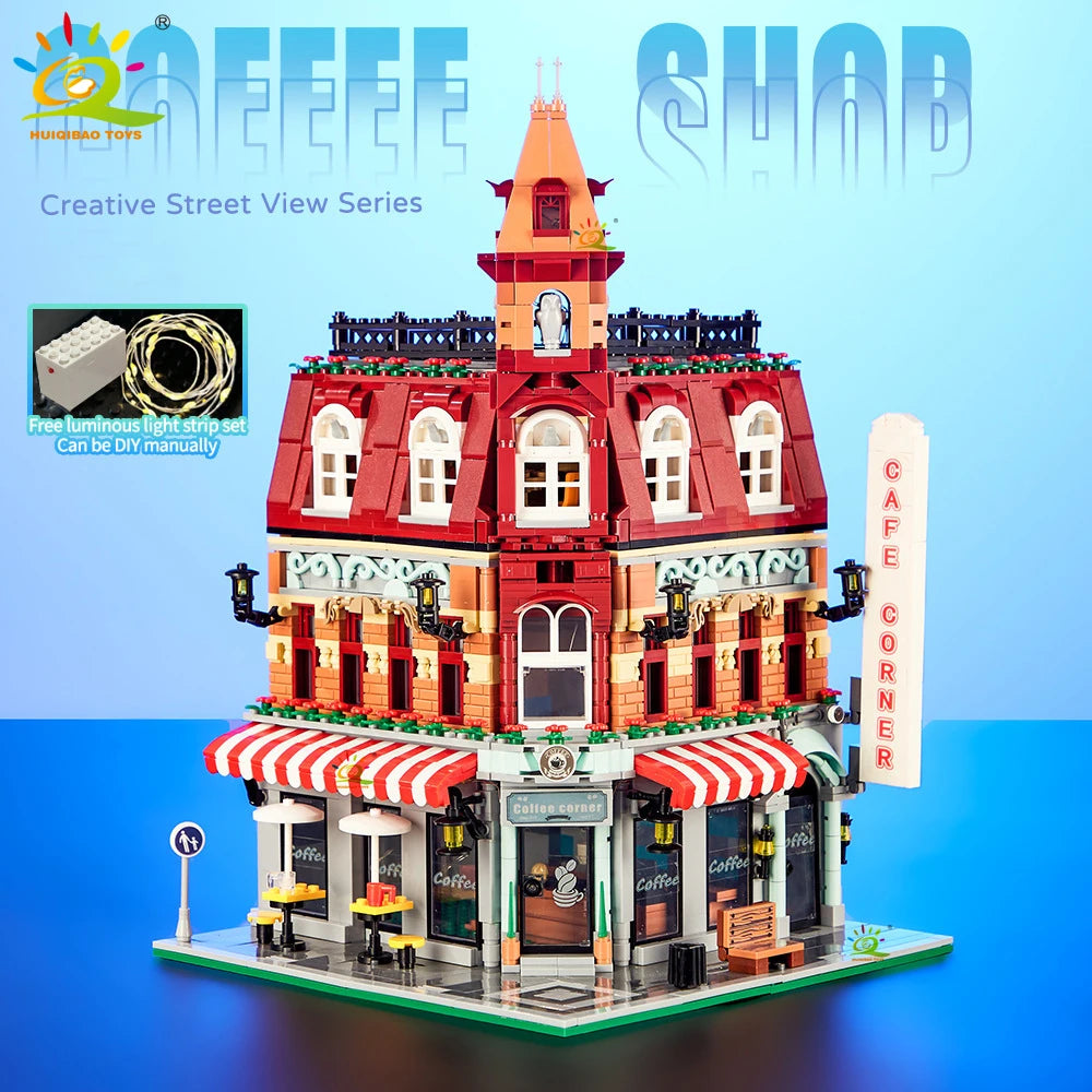 EZ HUIQIBAO Toys MOC City Corner Coffee Shop Architecture Style Street View Micro Building Blocks for Children Construction Bricks