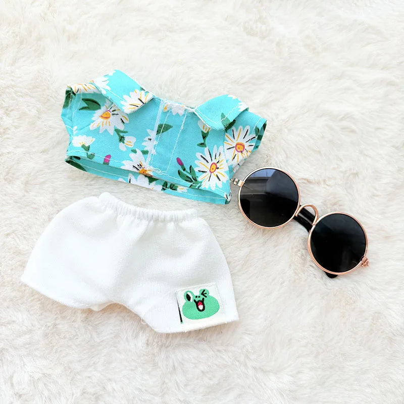 EZ 1 Set Hawaii Original Luxury Clothes for Labubu V1 V2 Cute Shark Duck Shoes Shirt Pants Glasses Beach Clothes Suit for Labubu