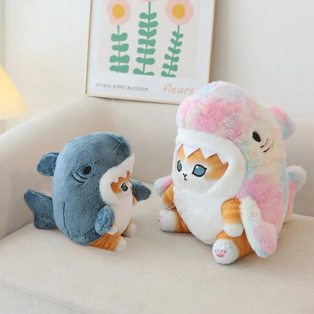 EZ Kawaii Shark Cat Plush Toy Soft Stuffed Colorful Shark Cat Doll Kids Toys Birthday Christmas Gift for Boys Girls
