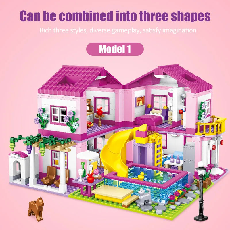 EZ ZKZC 1018pcs City 1 Change 3 Summer Double-storey Villa House Building Blocks Friends Garden Flower Figures Bricks Toys Girls