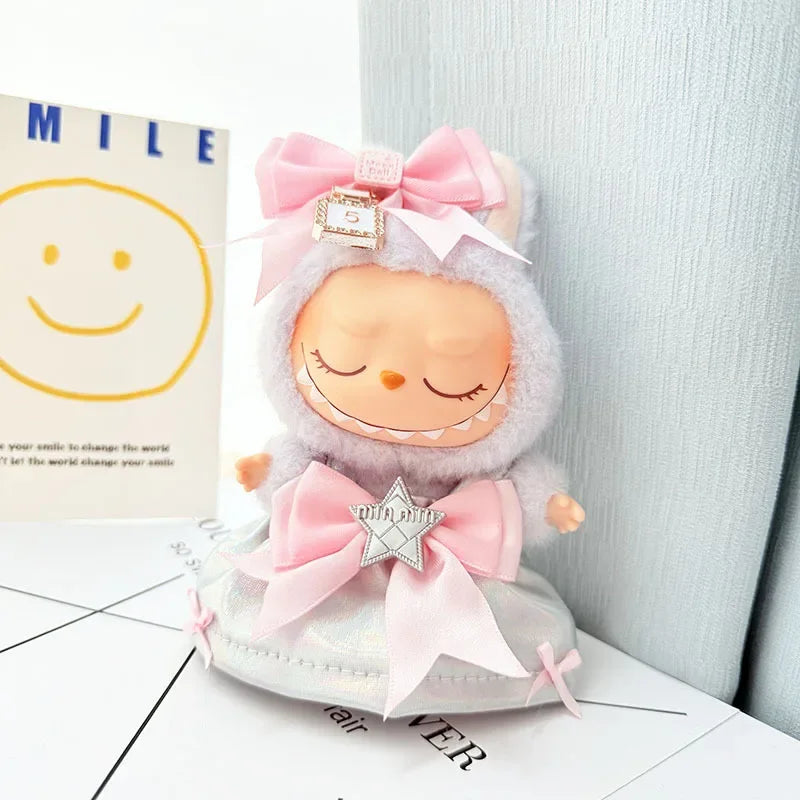 EZ 15-17cm Labubu Trendy Cute Laser Dress Doll Clothes Set with Hairband Accessories