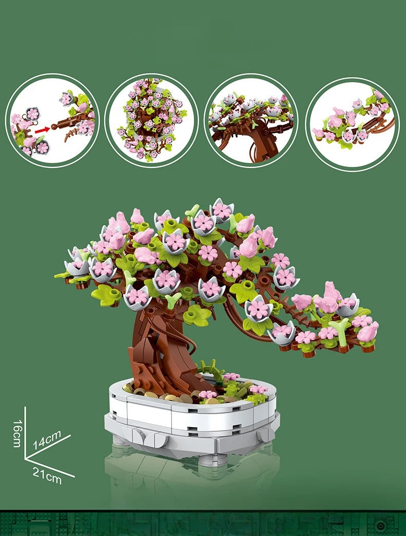 EZ 462PCS Bonsai Building Block Flower Creative Plant Cherry Blossom Tree Potted Bouquet DIY  Home Decoration Gifts Toys