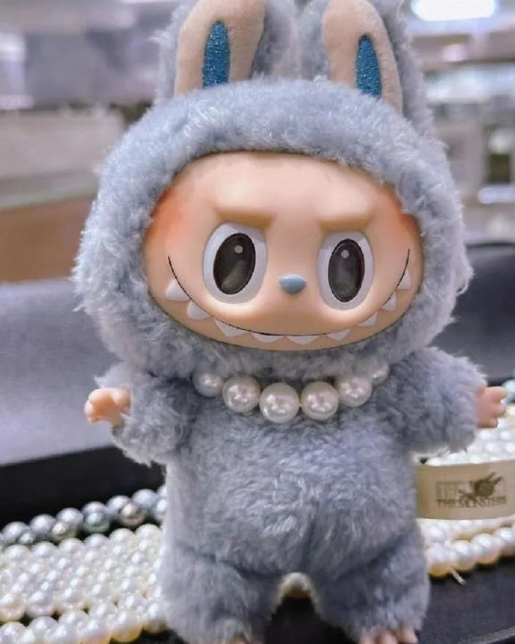 EZ 17cm Labubu Macaron Sitting Party  Ornament DIY Cute Cartoon Plush Pendant Pearl Necklace Chain Alloy Accessory  Labubu Outfit