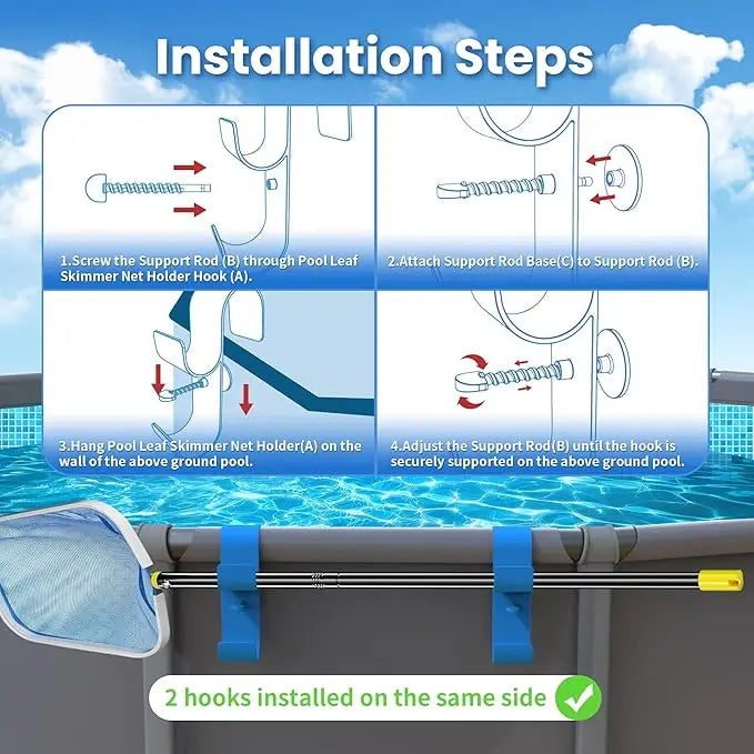 EZ Poolside Pool Leaf Skimmer Net Holder  Above Ground Pool Pole Hange Adjustable Telescopic Swimming Pole Hooks  Accessories