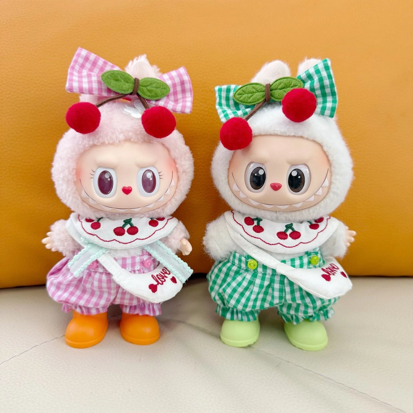 EZ Checkered Cherry Suit For 17cm Labubu 3.0 Big Into Energy Series Clothes Checked Jumpsuit Bow Tie Set Labubu Sweet Outfit