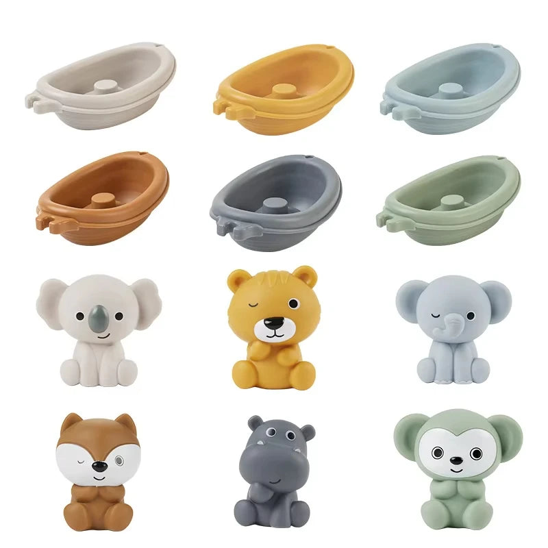 EZ Baby Bath Toys Stacking Bath Boat Toy Silicone Adorable Animal Finger Puppets for Children Interactive Floating Squeeze Toy Gift