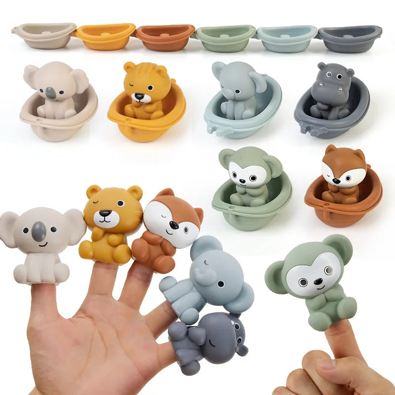 EZ Baby Bath Toys Stacking Bath Boat Toy Silicone Adorable Animal Finger Puppets for Children Interactive Floating Squeeze Toy Gift