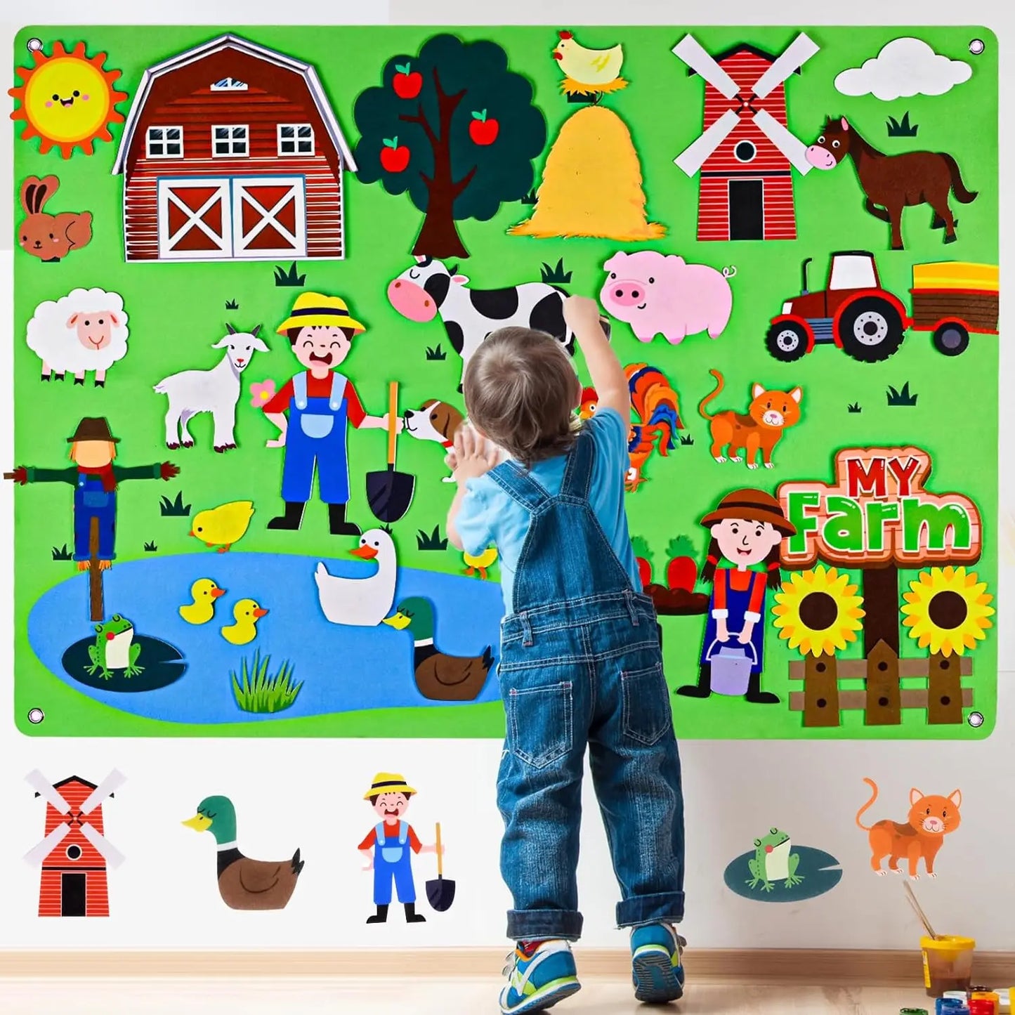 EZ Farm Animals Felt Story Board Set Storytelling Early Learning Interactive Play Kit Wall Hanging Puzzle Toys for Toddlers Gifts
