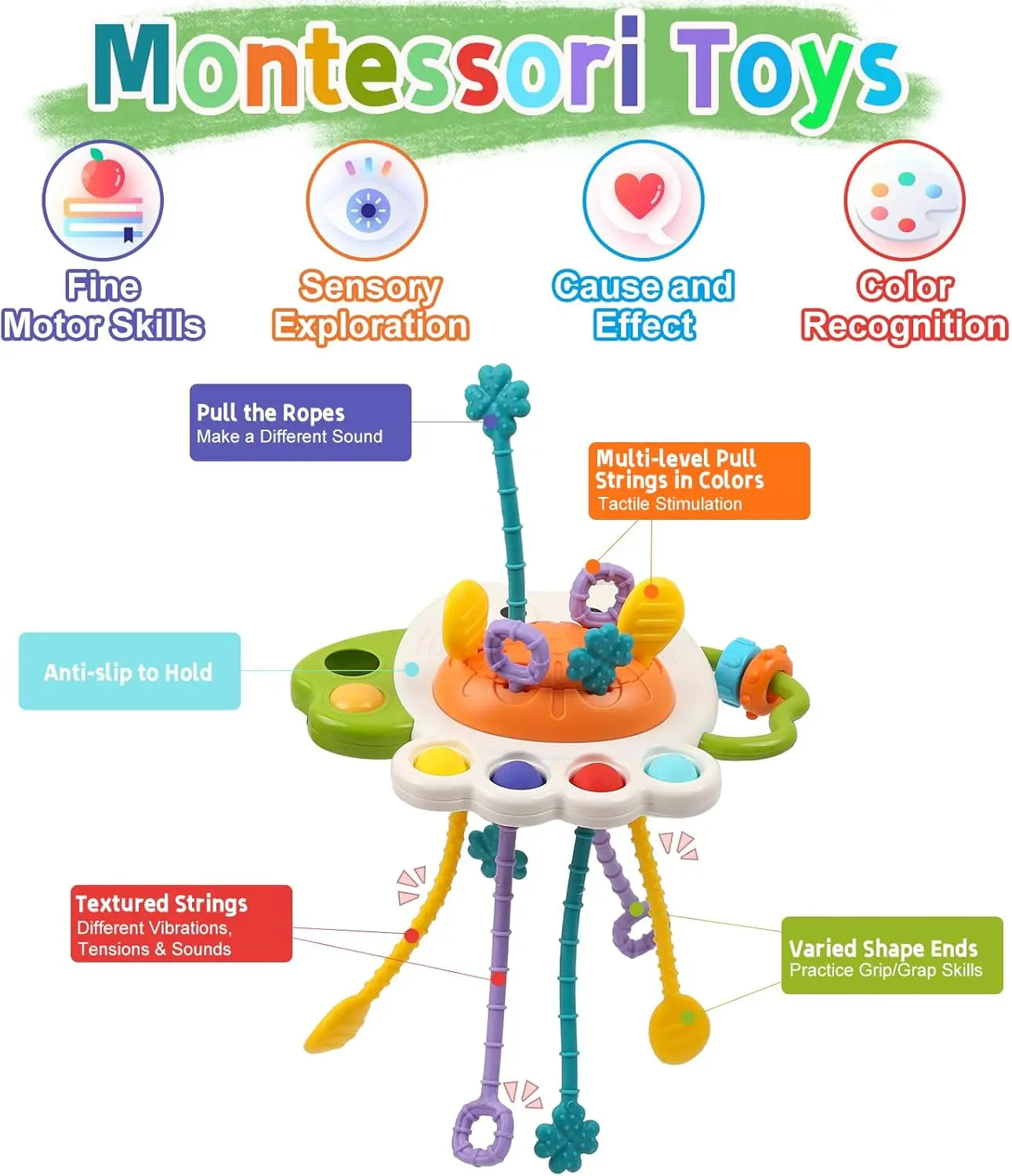 EZ Activity Development Pull String Toys Silicone Teething Rattle Educational Learning Toy Baby Sensory Montessori Toys 6 12 Months