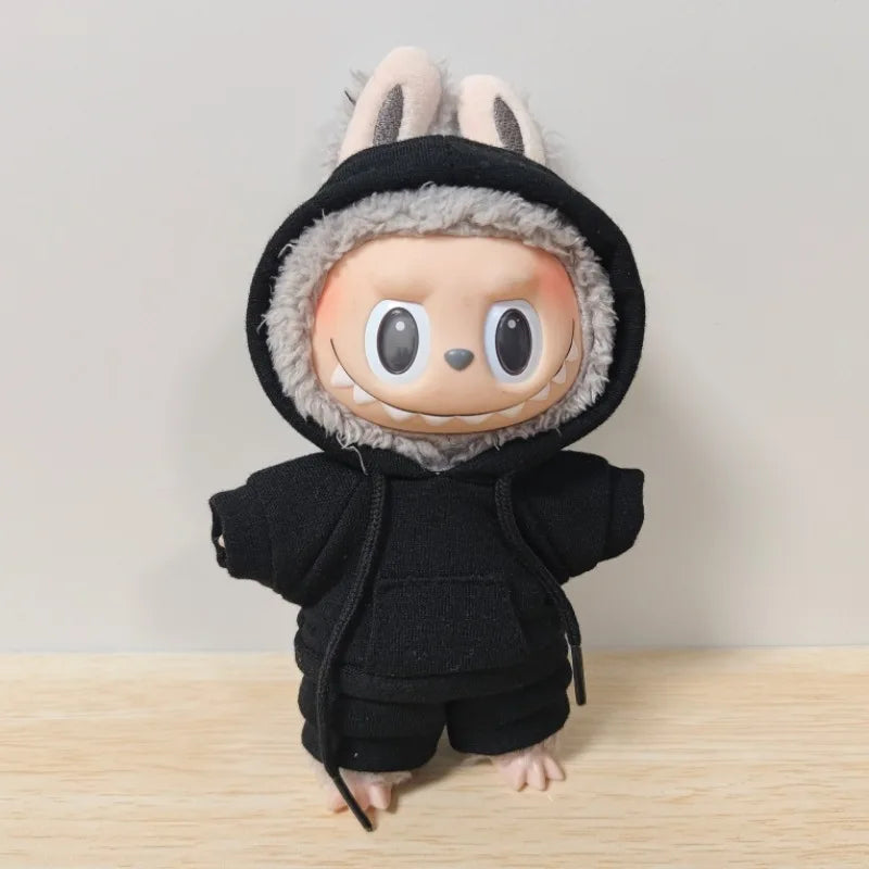 EZ 17cm Labubu Doll Black Hoodie Sweatshirt and Pants Set for Doll DIY Outfit Gift