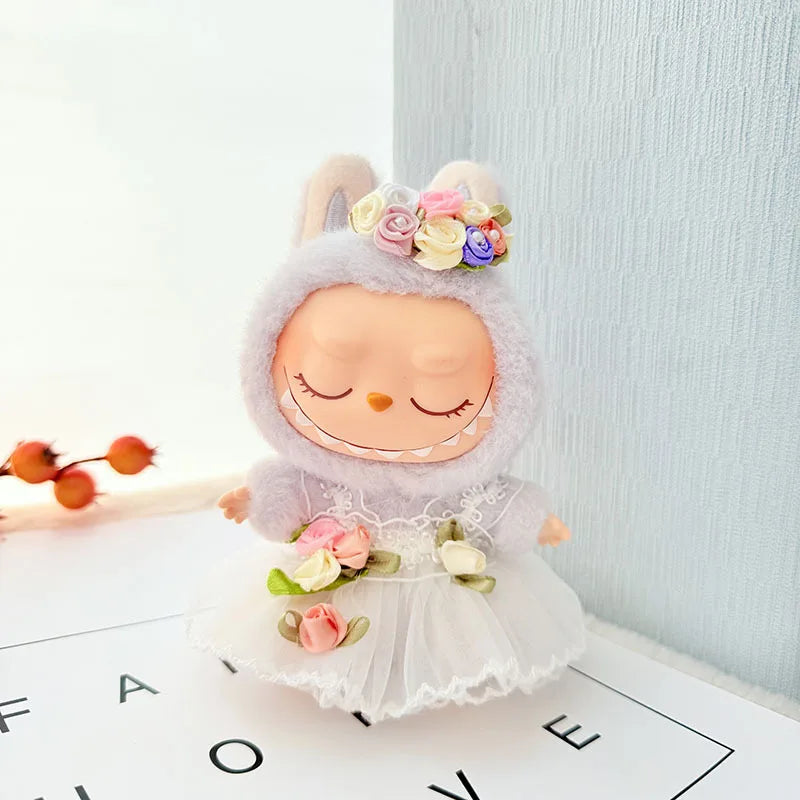 EZ 15/17cm Vinyl Plush Doll Clothes Labubu Pendant Lucky Purple Bow Dress Labubu V1/V2/V3 Clothes Accessories