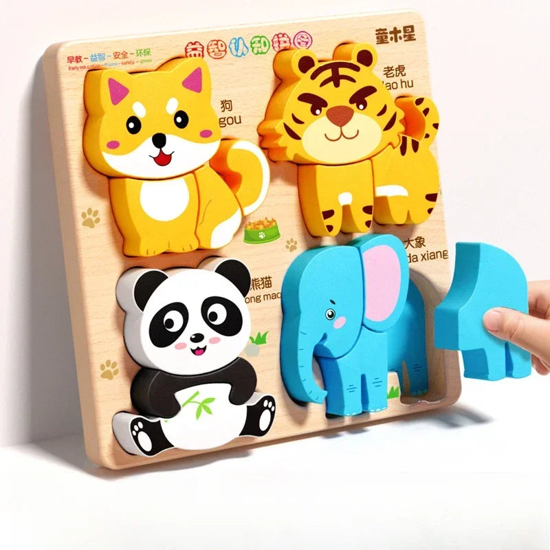 EZ Montessori Cartoon 3D Wooden Puzzle Animal Traffic Jigsaw Toys for Kids Early Learning Educational Cognitive Game Children Gifts