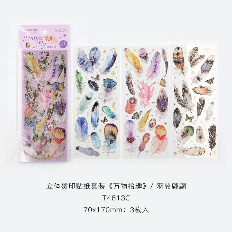 EZ 3pcs Kawaii Feather Dragonfly Bird Jellyfish Decorative Stickers Pack Scrapbooking Material Label Diary Phone Journal Planner