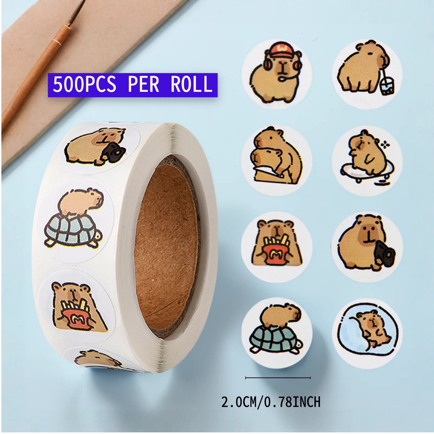 EZ 500 Pcs Capybara Stickers Roll - Waterproof PVC Animal & Food Decals for Laptop, Water Bottle, Phone