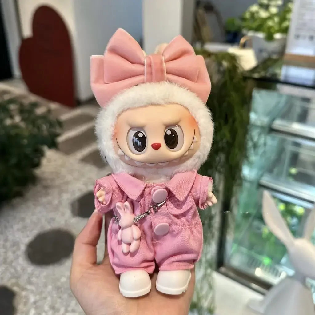 EZ For 15/17cm 3.0 labubu v1/v2/v3  clothes pink set love outfits Cherry Decorated Jumpsuit Replacement for Decoration Accessories