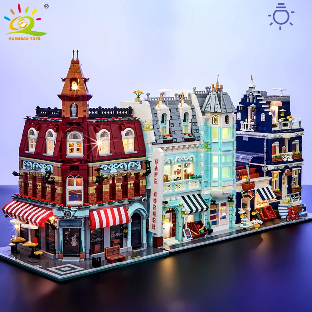 EZ HUIQIBAO Toys MOC City Corner Coffee Shop Architecture Style Street View Micro Building Blocks for Children Construction Bricks