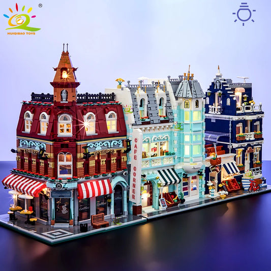 EZ HUIQIBAO Toys MOC City Corner Coffee Shop Architecture Style Street View Micro Building Blocks for Children Construction Bricks