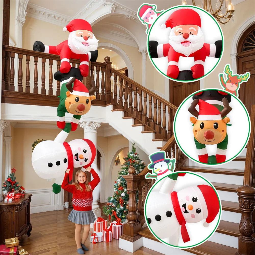 EZ 8FT Inflatable Christmas Climbing Santa Claus with Reindeer & Snowman, Built-in LED for Outdoor Beam Roof Tree Party Yard Decor