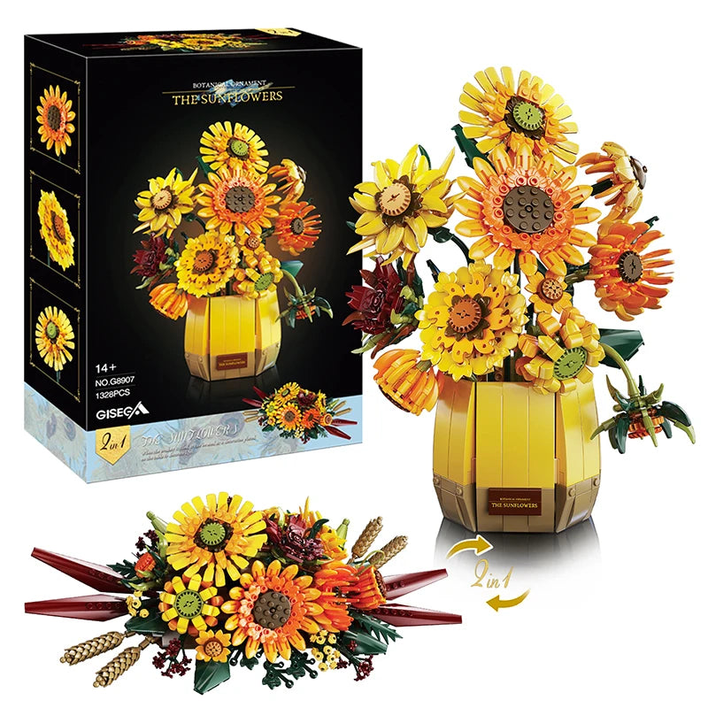 EZ Van Gogh Sunflowers 1328pcs Building Blocks with Vase, Art Building Toys, DIY Flower Bouquet Home Decor, Gift Ideas Women Girls