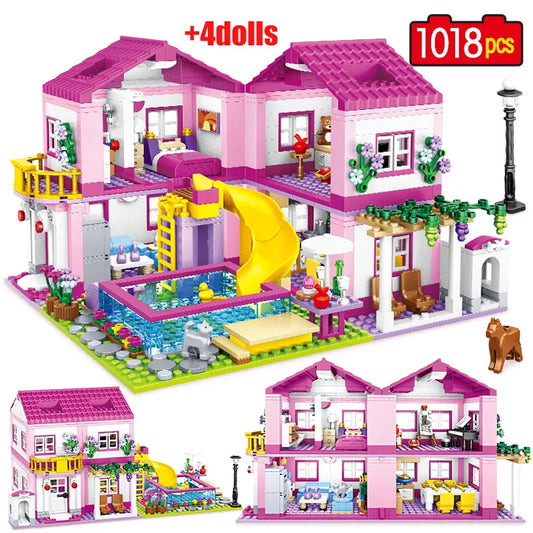 EZ ZKZC 1018pcs City 1 Change 3 Summer Double-storey Villa House Building Blocks Friends Garden Flower Figures Bricks Toys Girls