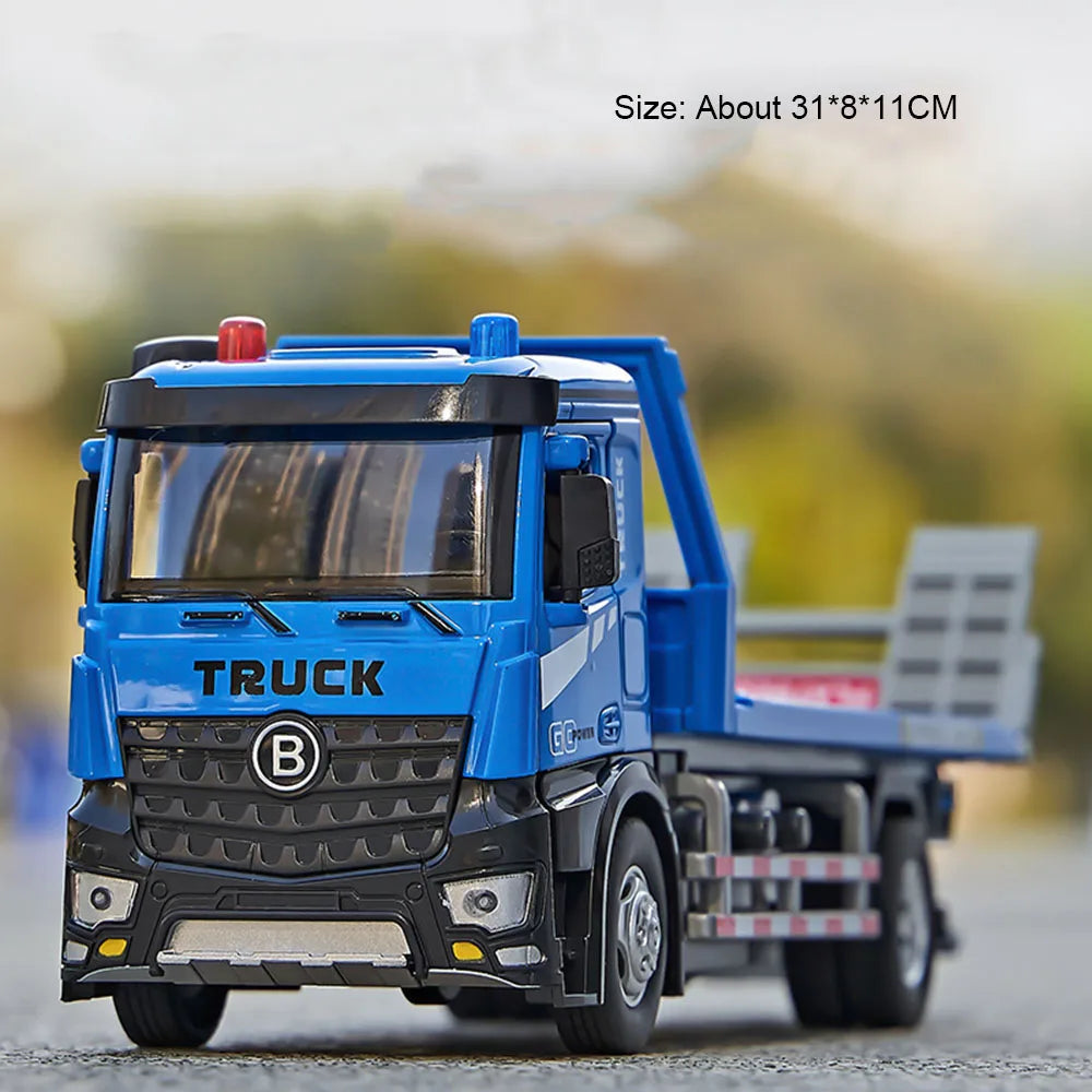 EZ 1:24 Electric Flatbed Trailer Cement Pump Truck Model Toys Diecast Alloy Car Doors Opened Sound Light Vehice Children's Boy Gift