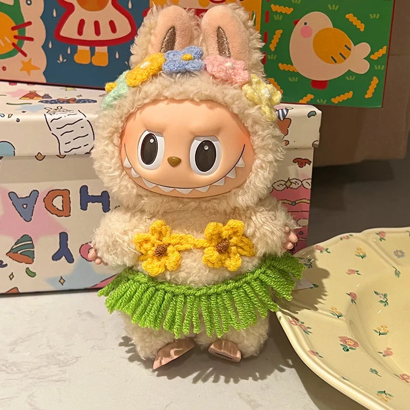 EZ Labubu Clothes 15/17cm V1 V2 V3 Doll Mini Plush Doll Hawaiian Style Bikini Grass Skirt Hair Band 3PCS/Pack Swimsuit Accessories