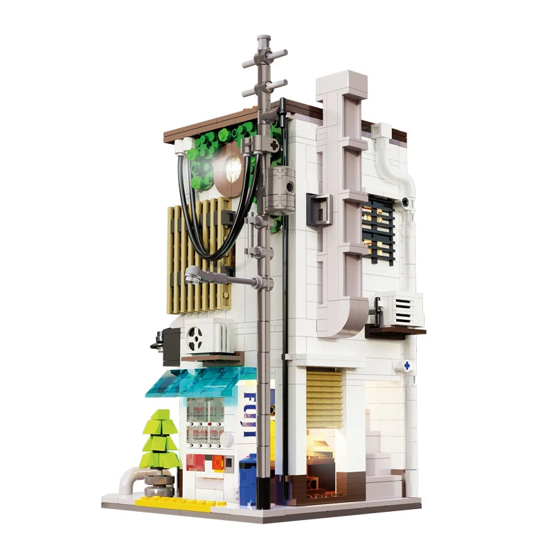 EZ Cada City LED Japanese Steamed Bun House Architecture Building Blocks Friends Shop Figures Bricks Toys cherry blossom Kids Gifts